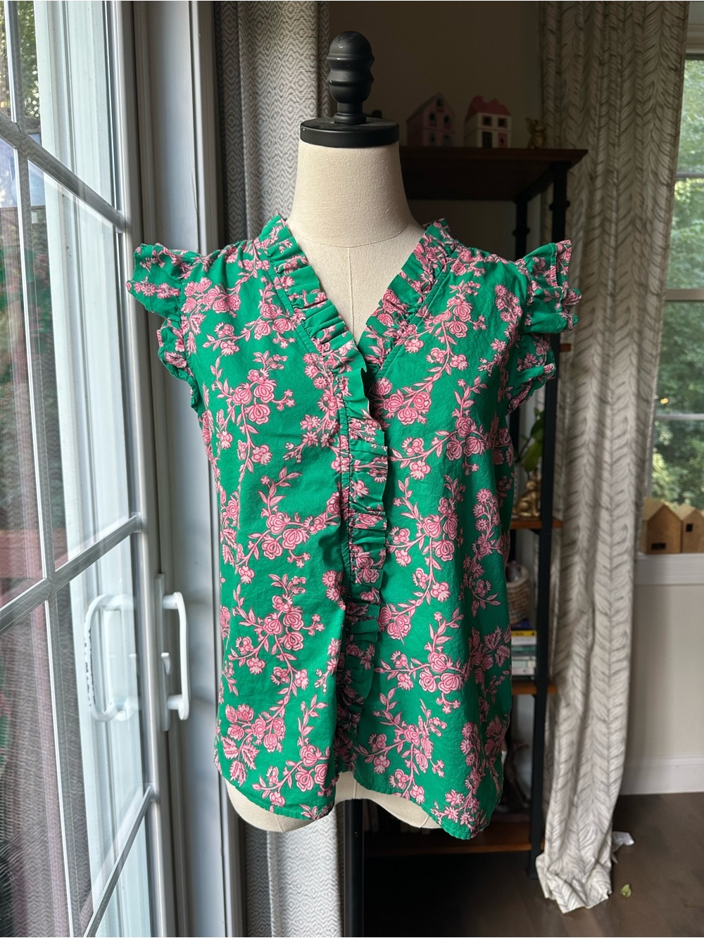 J. Crew Green Floral Ruffle Sleeve Blouse